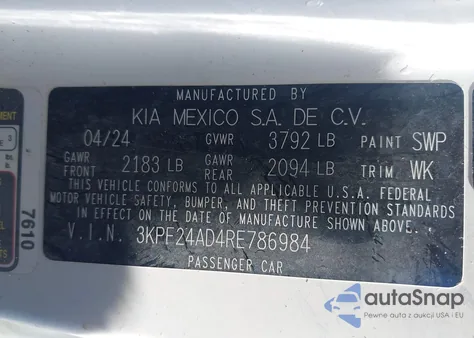 2024 Kia Forte Lx/Lxs from USA, damaged, VIN 3KPF24AD4RE786984
